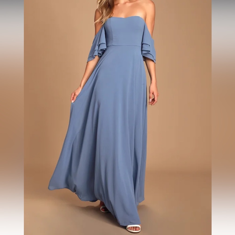 Lulu’s Abbington Denim Blue Off the Shoulder Dress